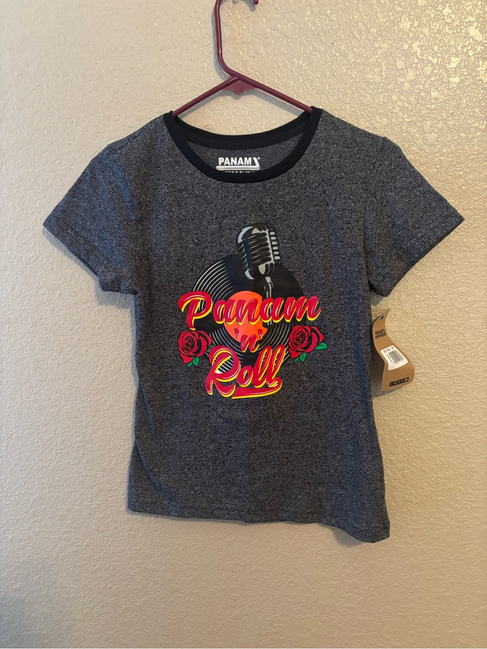 PANAM Brand Heather Gray Graphic 'Panam n Roll' Tee with Red Rose Accents NEW